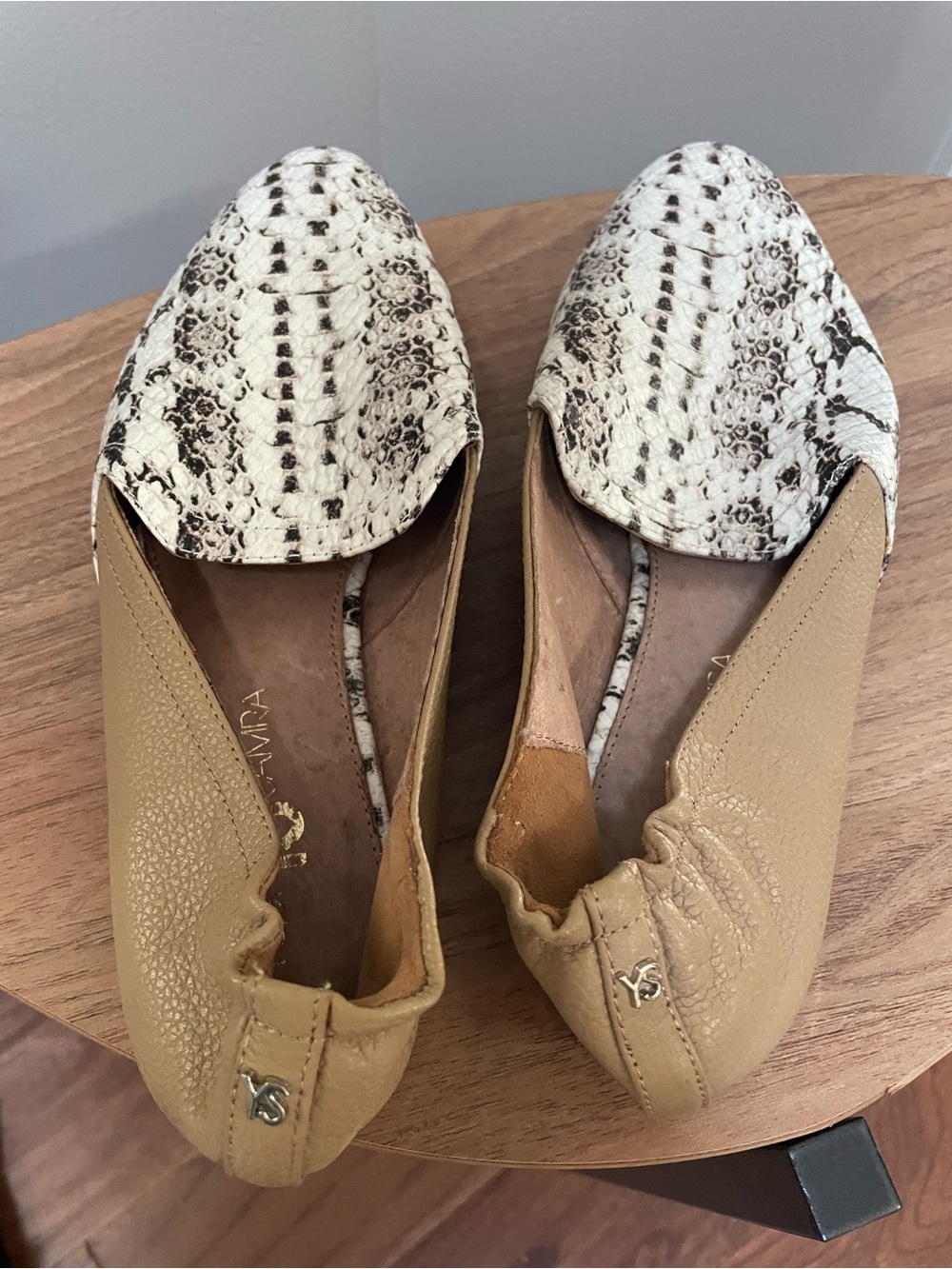 Yosi Samra “Preslie” Tan Flats with Snakeskin-Print Toe